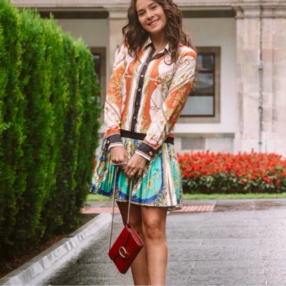 Zara Chain Print Patchwork Pleated Mini Dress Mul… - image 5